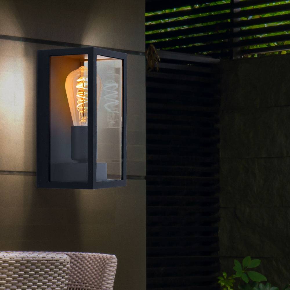 Außenleuchte Wandleuchte Wandlampe Gartenleuchte Außenlampe Hauswandleuchte Garage, IP44 Glas schwarz, 1x E27 Fassung, HxB 23,6x11,3 cm