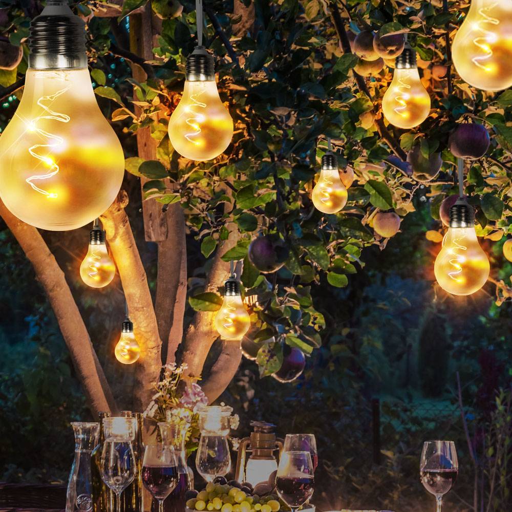 LED Solar Lichter Kette grau 2 Stufen Außen Deko Beleuchtung Glüh Birnen steckerlos