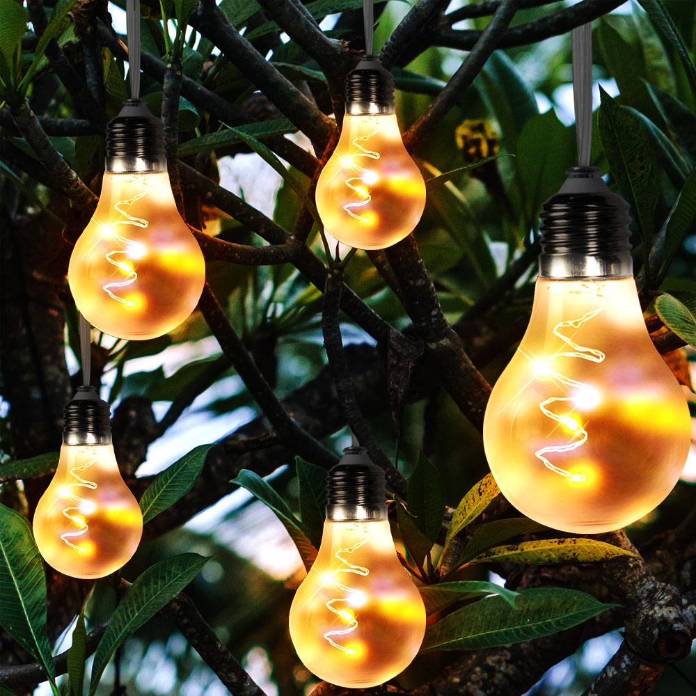 LED Solar Lichter Kette grau 2 Stufen Außen Deko Beleuchtung Glüh Birnen steckerlos