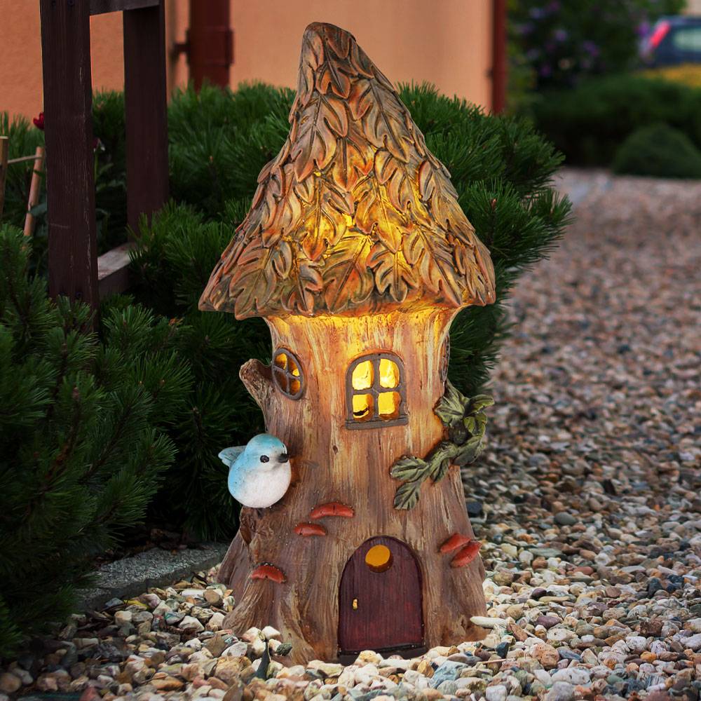 Feenhaus für den Garten Solar Solardeko für Außen Garten Solarleuchten für Außen Deko Figur, Baumstamm Haus, 1x LED warmweiß, H 23 cm, 2er Set
