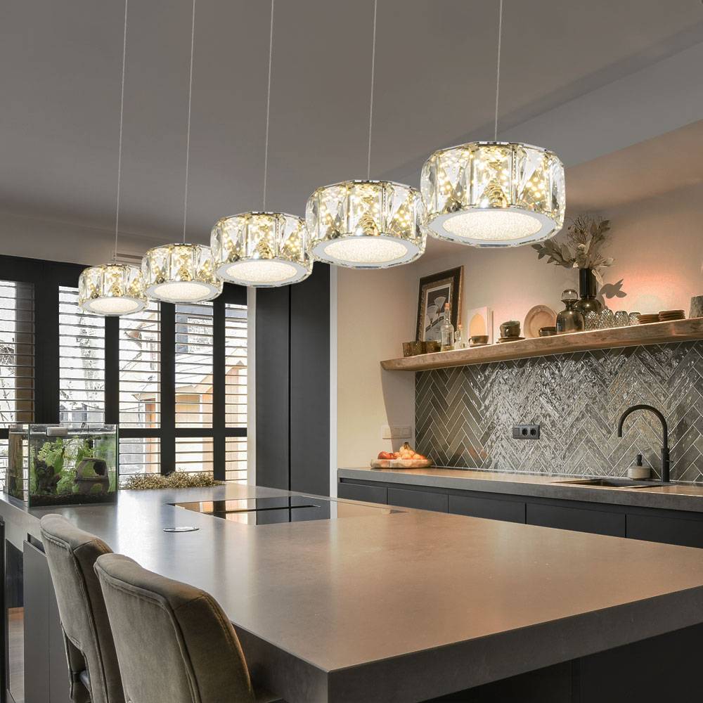 Hängelampe Pendelleuchte Wohnzimmerlampe Esszimmerlampe Küchenleuchte, Metall Glaskristalle Acryl Chrom, LED 48W 3700Lm 4000K neutralweiß, H 120 cm