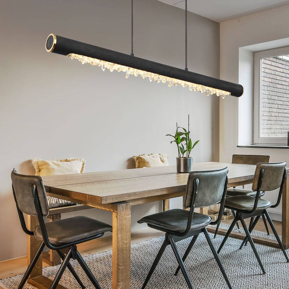 Pendelleuchte Holz Rustikal LED Hängeleuchte Esszimmer Holzleuchte mit Kristallbehang, Metall schwarz Acryl, 1x LED 15 Watt 980 Lumen warmweiß, LxBx