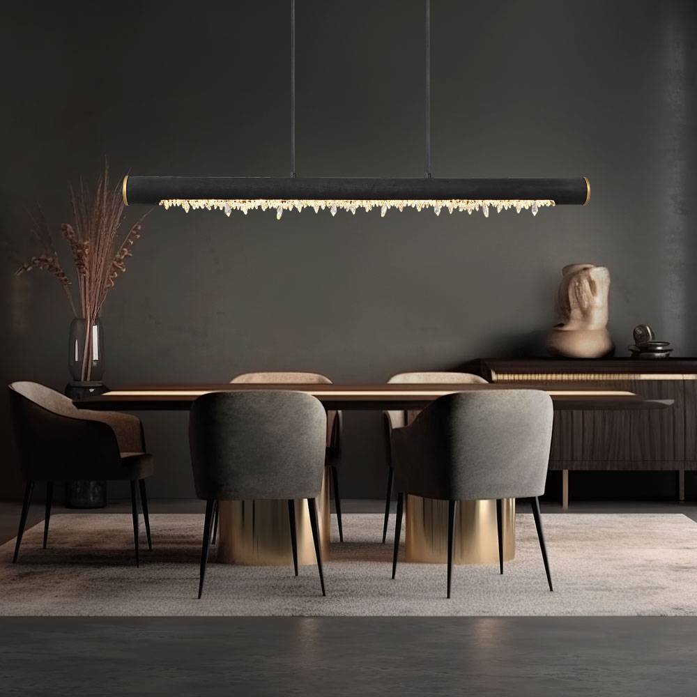 Pendelleuchte Holz Rustikal LED Hängeleuchte Esszimmer Holzleuchte mit Kristallbehang, Metall schwarz Acryl, 1x LED 15 Watt 980 Lumen warmweiß, LxBx