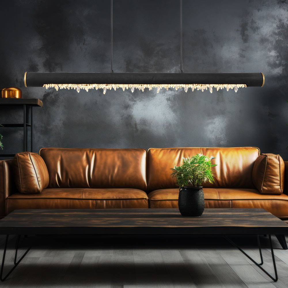 Pendelleuchte Holz Rustikal LED Hängeleuchte Esszimmer Holzleuchte mit Kristallbehang, Metall schwarz Acryl, 1x LED 15 Watt 980 Lumen warmweiß, LxBx