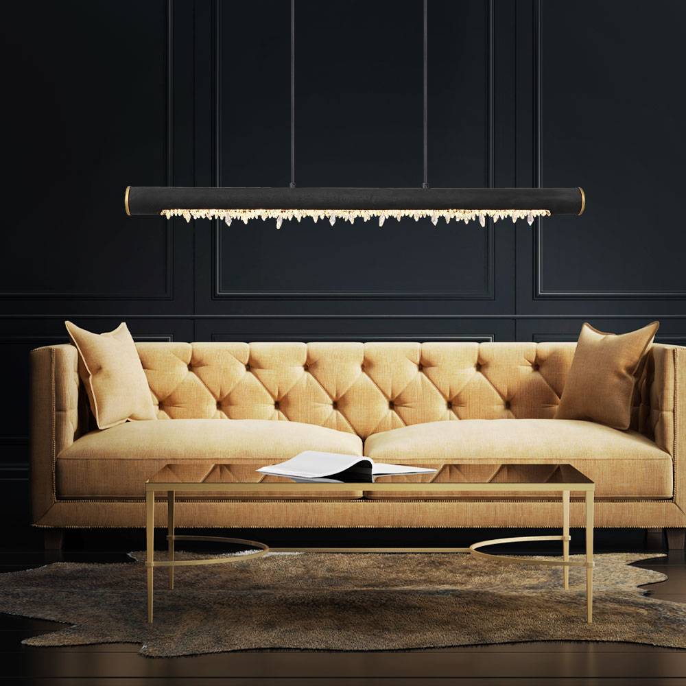 Pendelleuchte Holz Rustikal LED Hängeleuchte Esszimmer Holzleuchte mit Kristallbehang, Metall schwarz Acryl, 1x LED 15 Watt 980 Lumen warmweiß, LxBx