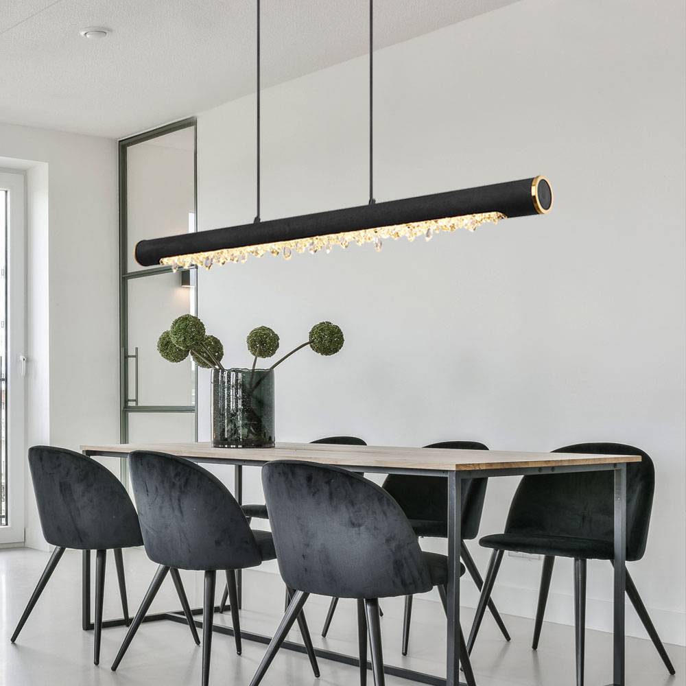 Pendelleuchte Holz Rustikal LED Hängeleuchte Esszimmer Holzleuchte mit Kristallbehang, Metall schwarz Acryl, 1x LED 15 Watt 980 Lumen warmweiß, LxBx