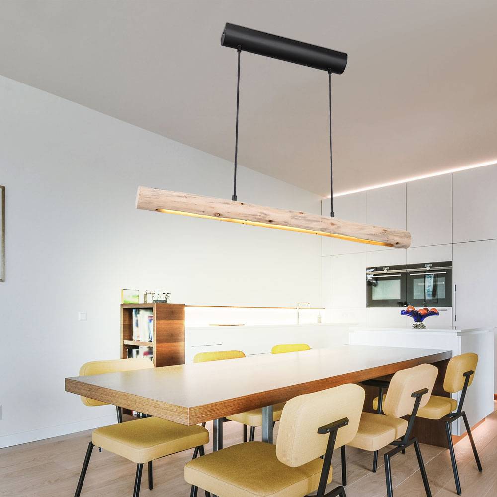 Holz Hängeleuchte Pendelleuchte Holz lang Holzlampe hängend Lampe , Natur Maserung schwarz-matt, 1x LED 15W 1062Lm warmweiß, L 80 cm
