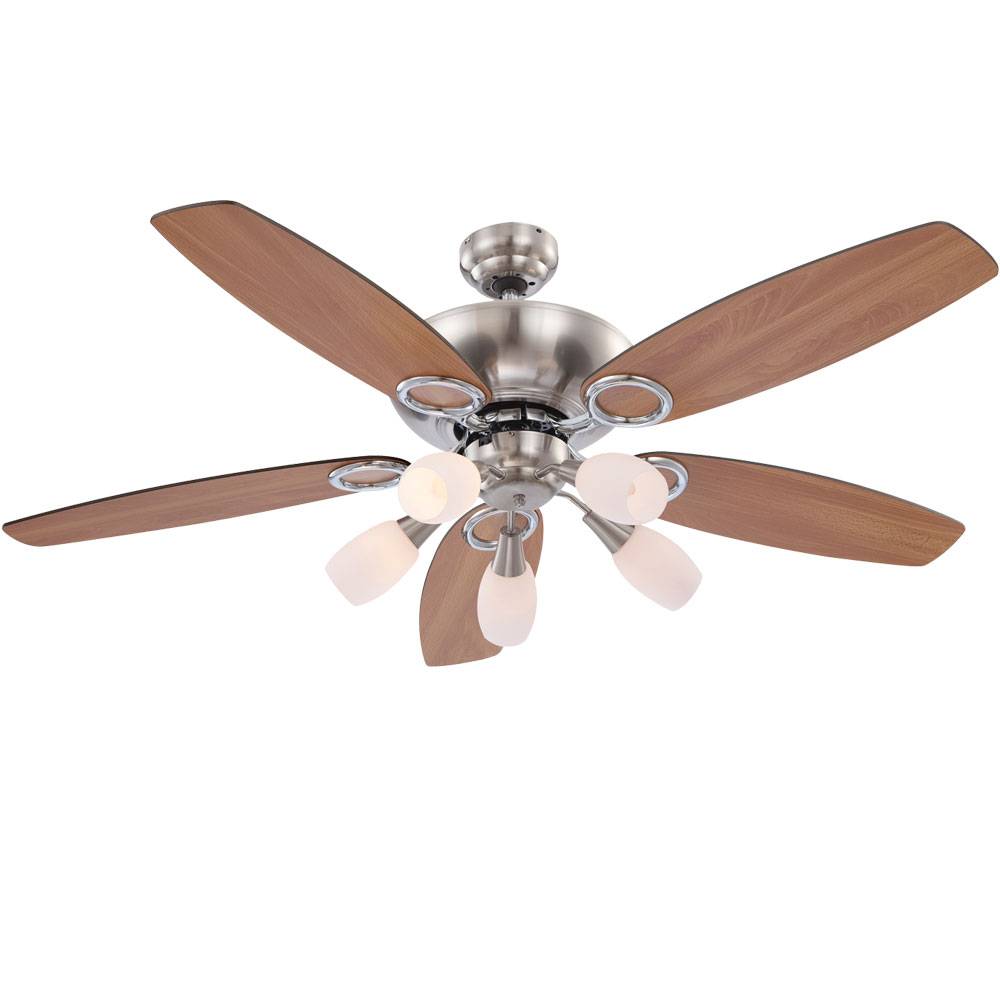 Deckenventilator Ventilator mit Beleuchtung Holzventilator Wohnzimmer, 5 Flügel Wendefunktion Zugschalter, MDF Glas buche graphit opal, 5x E14