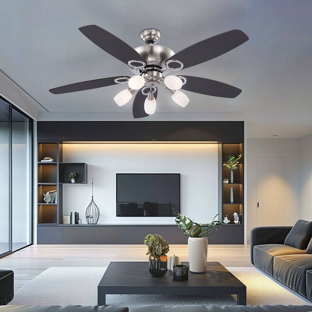 Deckenventilator Ventilator mit Beleuchtung Holzventilator Wohnzimmer, 5 Flügel Wendefunktion Zugschalter, MDF Glas buche graphit opal, 5x E14