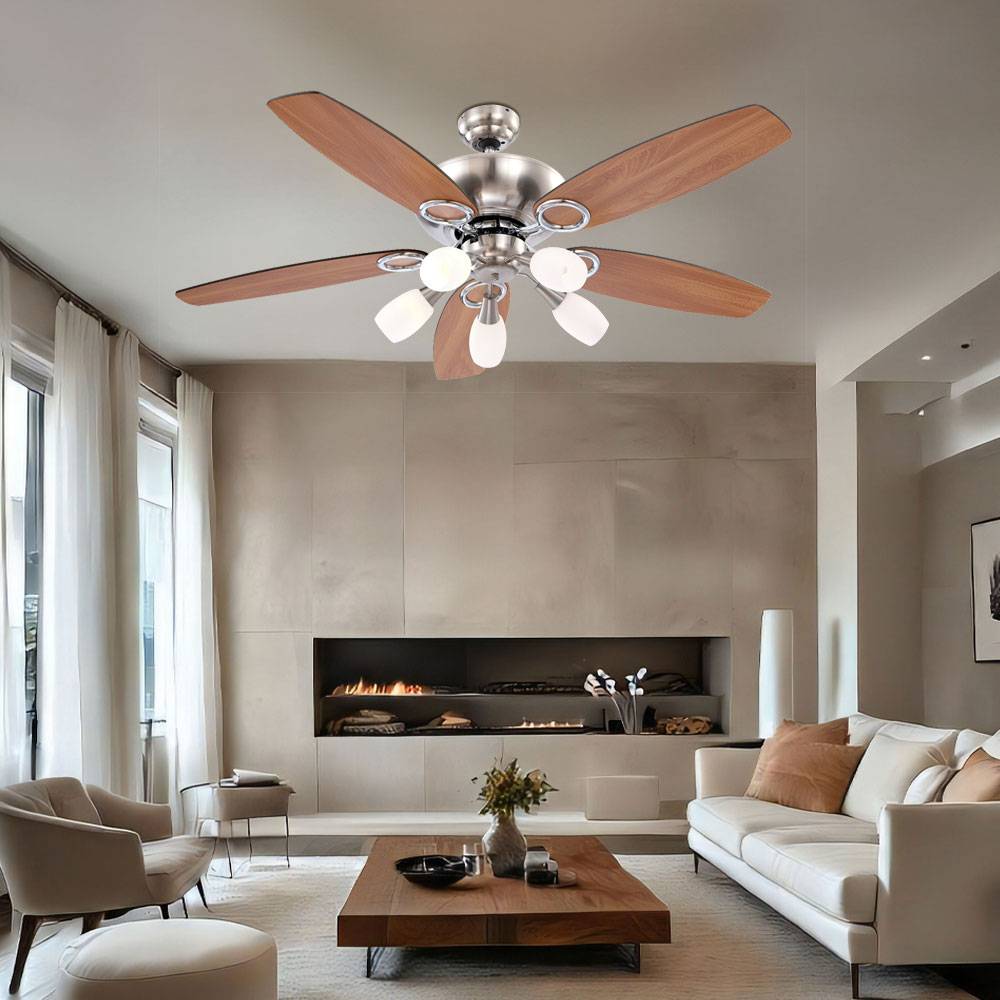 Deckenventilator Ventilator mit Beleuchtung Holzventilator Wohnzimmer, 5 Flügel Wendefunktion Zugschalter, MDF Glas buche graphit opal, 5x E14