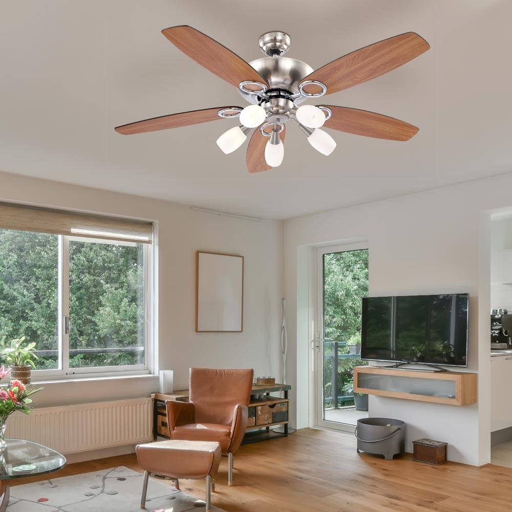 Deckenventilator Ventilator mit Beleuchtung Holzventilator Wohnzimmer, 5 Flügel Wendefunktion Zugschalter, MDF Glas buche graphit opal, 5x E14