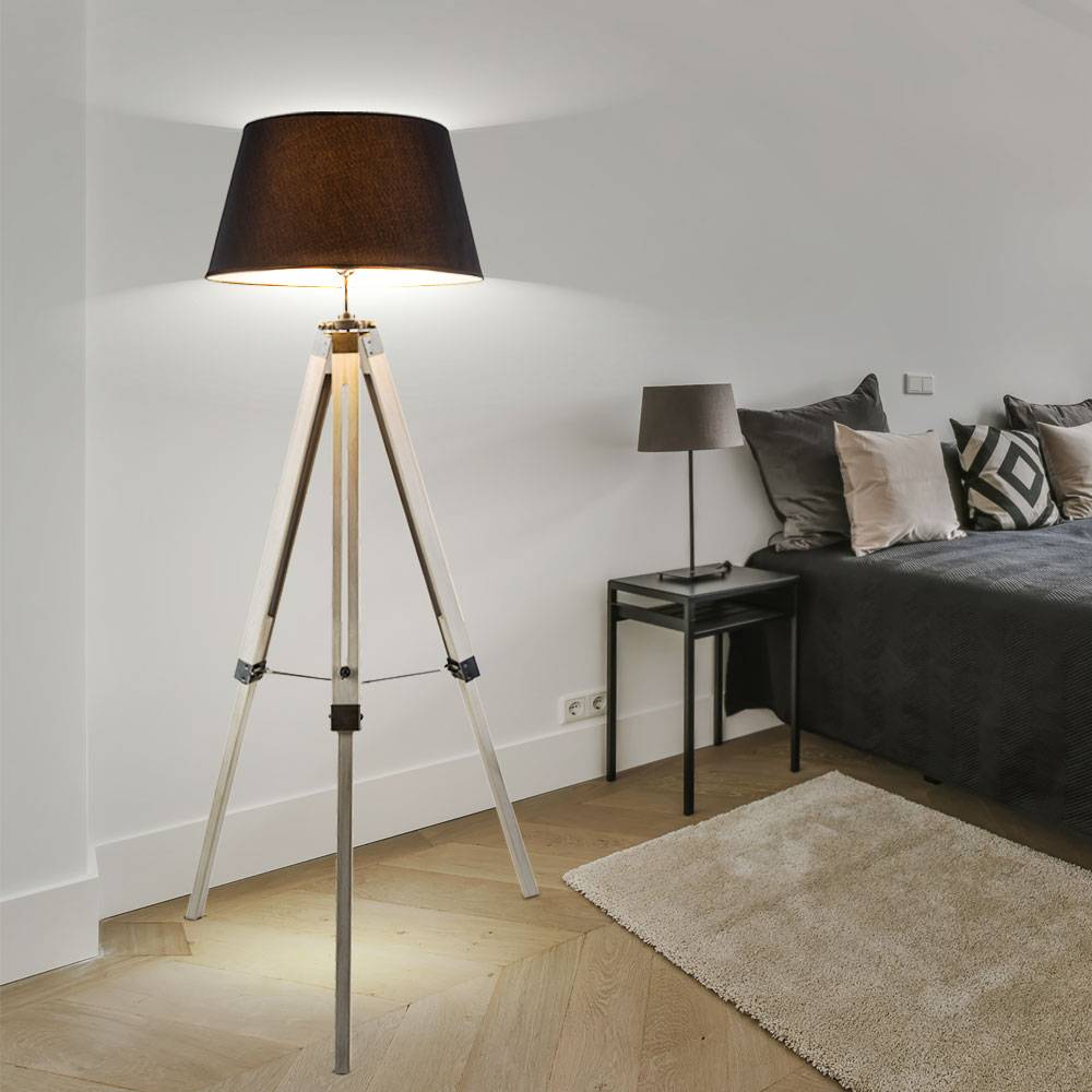 Stehleuchte Wohnzimmer grau Stehlampe Metall Standleuchte Stativ Holz, Textilschirm, 1x E27 Fassung, DxH 65x145 cm