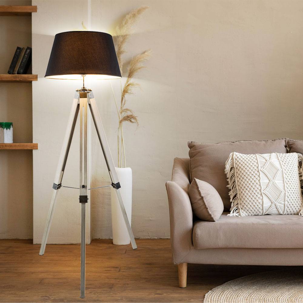 Stehleuchte Wohnzimmer grau Stehlampe Metall Standleuchte Stativ Holz, Textilschirm, 1x E27 Fassung, DxH 65x145 cm