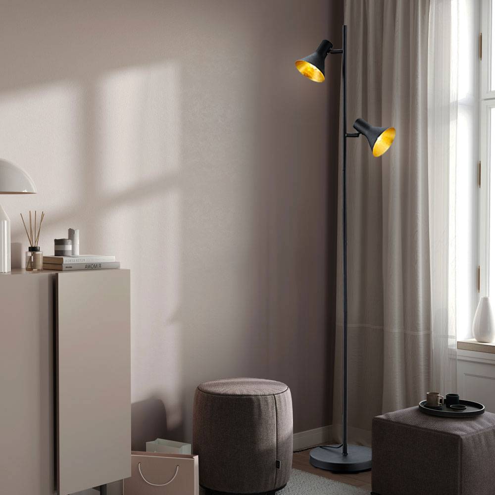 Stehlampe Wohnzimmer Gelenkleuchte Deckenfluter Stehleuchte schwarz gold mit Fußschalter, Metall, verstellbar, 2x E14, BxTxH 33,5x2x144 cm