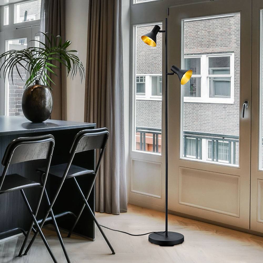Stehlampe Wohnzimmer Gelenkleuchte Deckenfluter Stehleuchte schwarz gold mit Fußschalter, Metall, verstellbar, 2x E14, BxTxH 33,5x2x144 cm