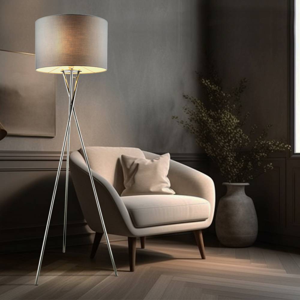 Stehlampe Stativ Wohnzimmerleuchte Textil Standlampe grau Stehleuchte Schlafzimmer, Metall chrom, 1x E27, DxH 54x160 cm
