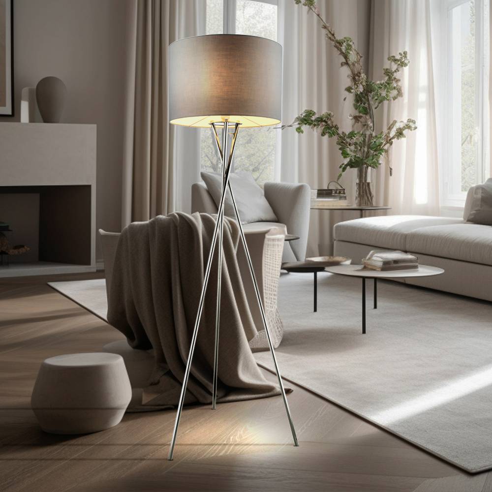 Stehlampe Stativ Wohnzimmerleuchte Textil Standlampe grau Stehleuchte Schlafzimmer, Metall chrom, 1x E27, DxH 54x160 cm