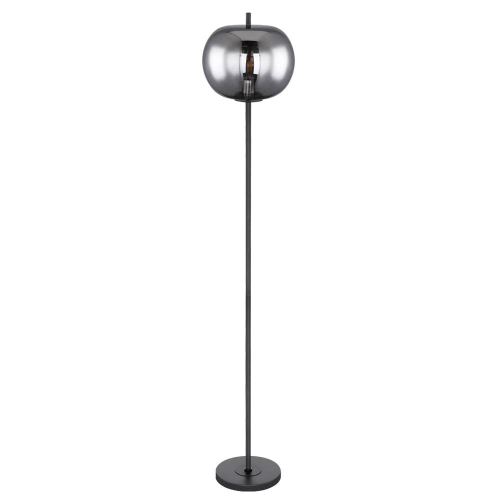 Standleuchte Glaslampe Deckenfluter Wohnzimmer Leselampe Stehlampe Rauchglas Kugel, Metall schwarz, 1x E27 Fassung, DxH 30x160 cm