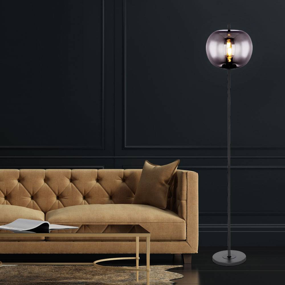 Standleuchte Glaslampe Deckenfluter Wohnzimmer Leselampe Stehlampe Rauchglas Kugel, Metall schwarz, 1x E27 Fassung, DxH 30x160 cm