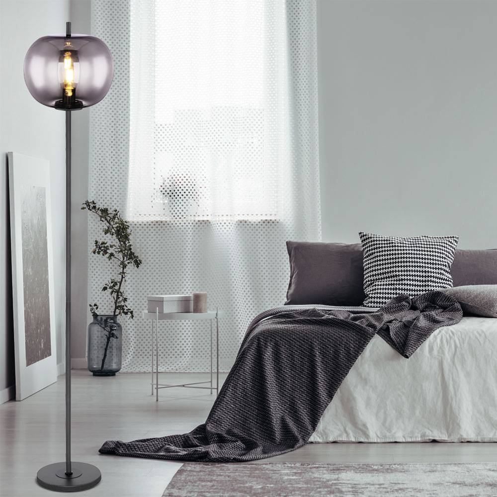 Standleuchte Glaslampe Deckenfluter Wohnzimmer Leselampe Stehlampe Rauchglas Kugel, Metall schwarz, 1x E27 Fassung, DxH 30x160 cm