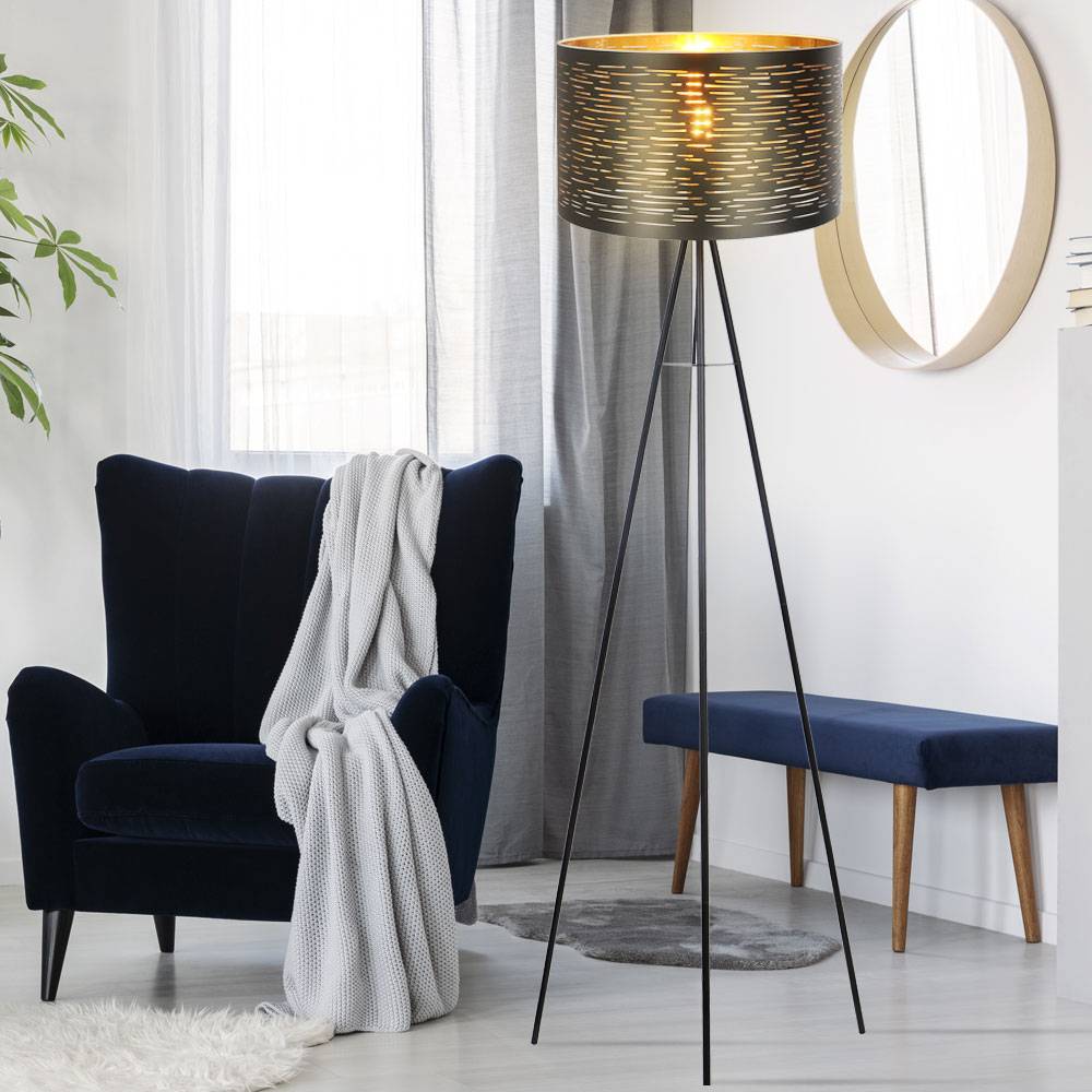 Design Steh Leuchte 3-Bein Strahler Wohn Zimmer Stand Lampe Dekor Stanzungen Stativ schwarz-gold