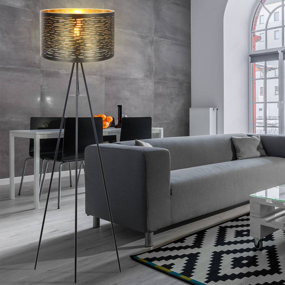 Design Steh Leuchte 3-Bein Strahler Wohn Zimmer Stand Lampe Dekor Stanzungen Stativ schwarz-gold