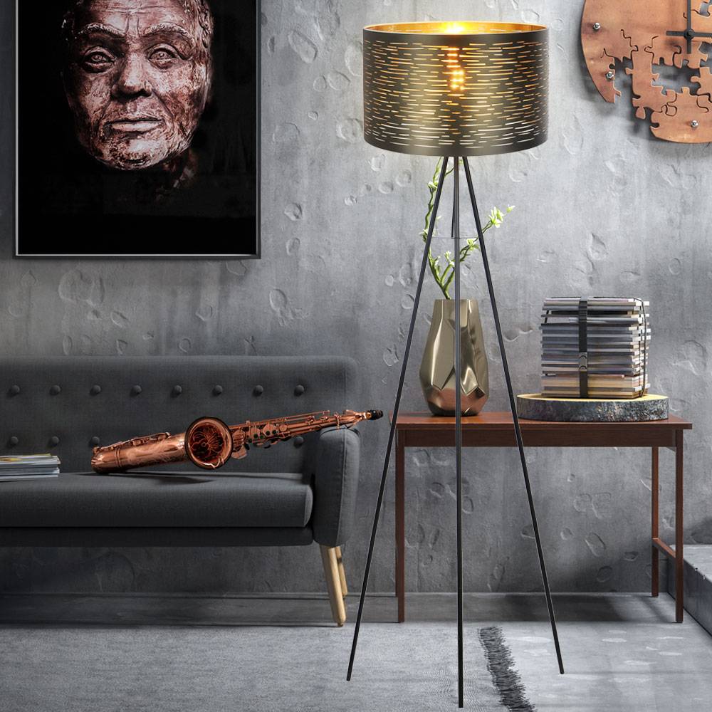 Design Steh Leuchte 3-Bein Strahler Wohn Zimmer Stand Lampe Dekor Stanzungen Stativ schwarz-gold