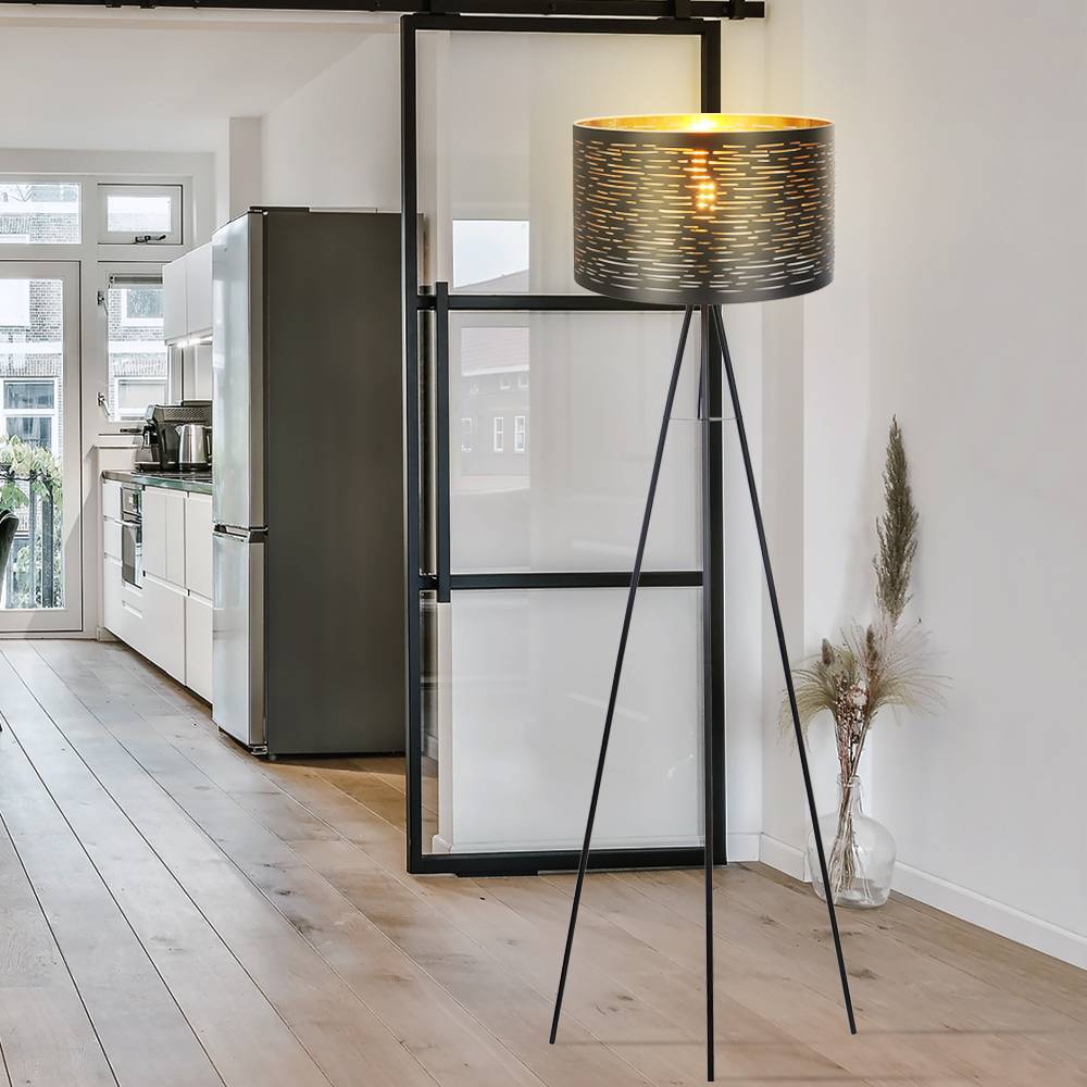 Design Steh Leuchte 3-Bein Strahler Wohn Zimmer Stand Lampe Dekor Stanzungen Stativ schwarz-gold