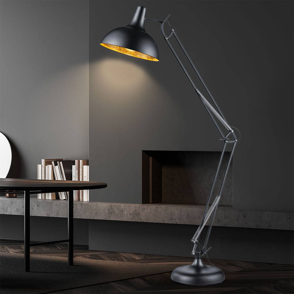 Stehlampe Wohnzimmer Gelenkleuchte Deckenfluter Stehleuchte schwarz gold mit Fußschalter, Metall, beweglich, 1x E27, BxTxH 38x75x180 cm