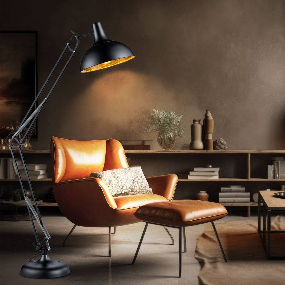 Stehlampe Wohnzimmer Gelenkleuchte Deckenfluter Stehleuchte schwarz gold mit Fußschalter, Metall, beweglich, 1x E27, BxTxH 38x75x180 cm
