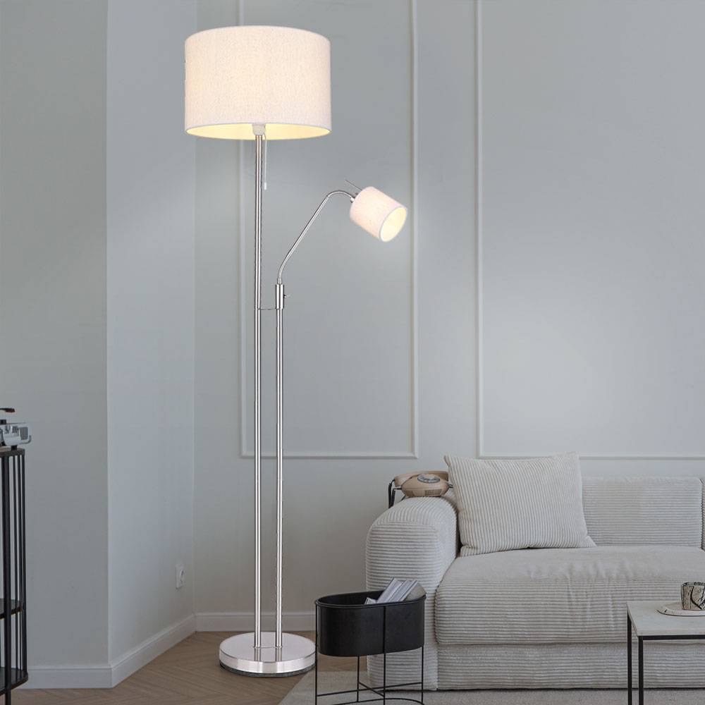 Stehleuchte Wohnzimmer sandfarben Deckenfluter mit Leselampe Stehlampe Stoffschirm Zugschalter, Leseleuchte mit Kippschalter, nickel matt, 1x E27