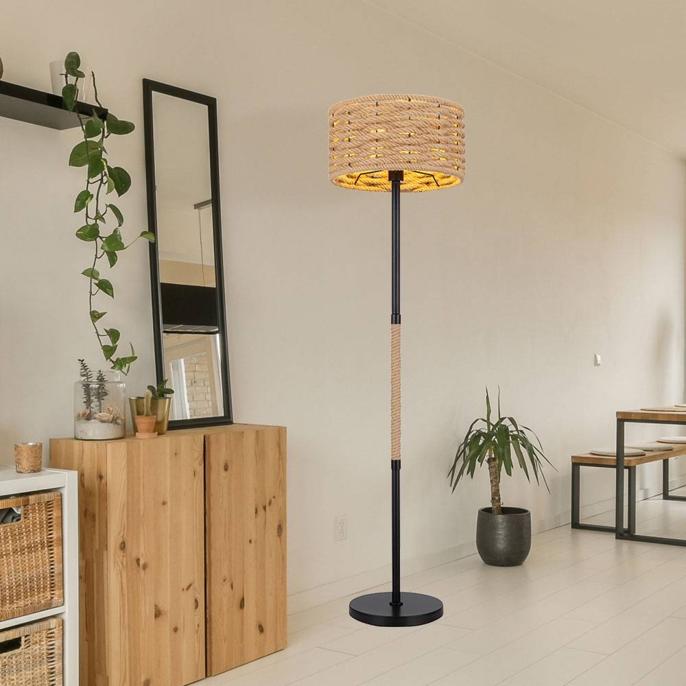 Stehleuchte Wohnzimmer E27 Stehlampe Hanfseil, Metall schwarz Fernbedienung, Lampenschirm aus Tau, 1x RGB LED 9W 806Lm, DxH 20 x 147 cm