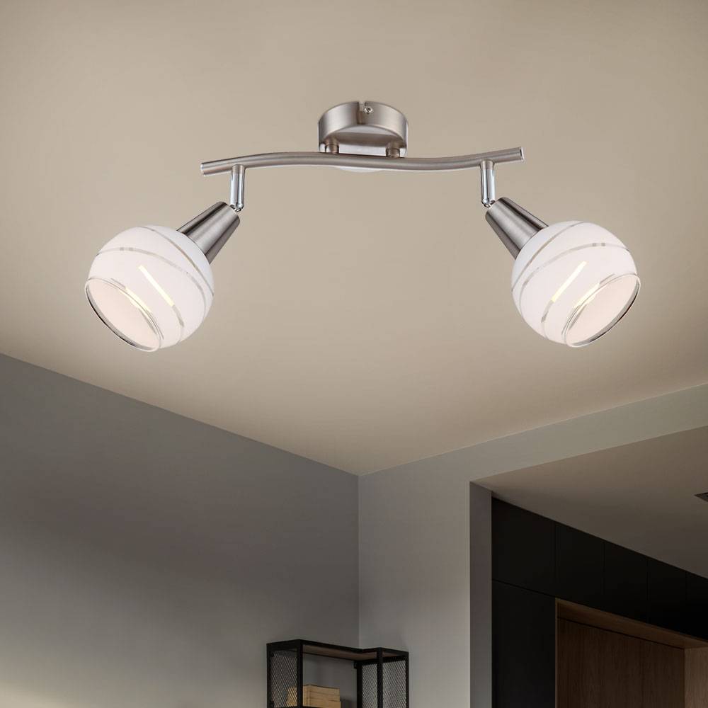 LED Deckenleuchte 2 Flammig Wandstrahler Glas satiniert Spotleuchte 2 Strahler schwenkbar, Nickel-matt, 2x 4W 400Lm warmweiß, LxB 28x9,7 cm