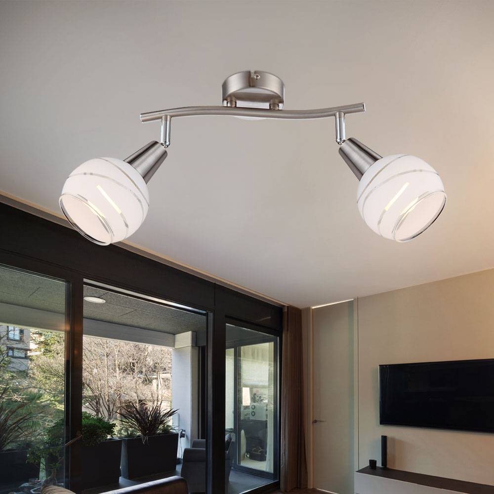 LED Deckenleuchte 2 Flammig Wandstrahler Glas satiniert Spotleuchte 2 Strahler schwenkbar, Nickel-matt, 2x 4W 400Lm warmweiß, LxB 28x9,7 cm