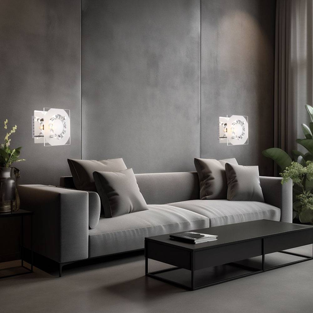 Wandleuchte Wandlampe Kristallleuchte Glas Wohnzimmerleuchte Flurlampe chrom, K5 Kristalle, LxBxH 12x12x9 cm, 2er Set