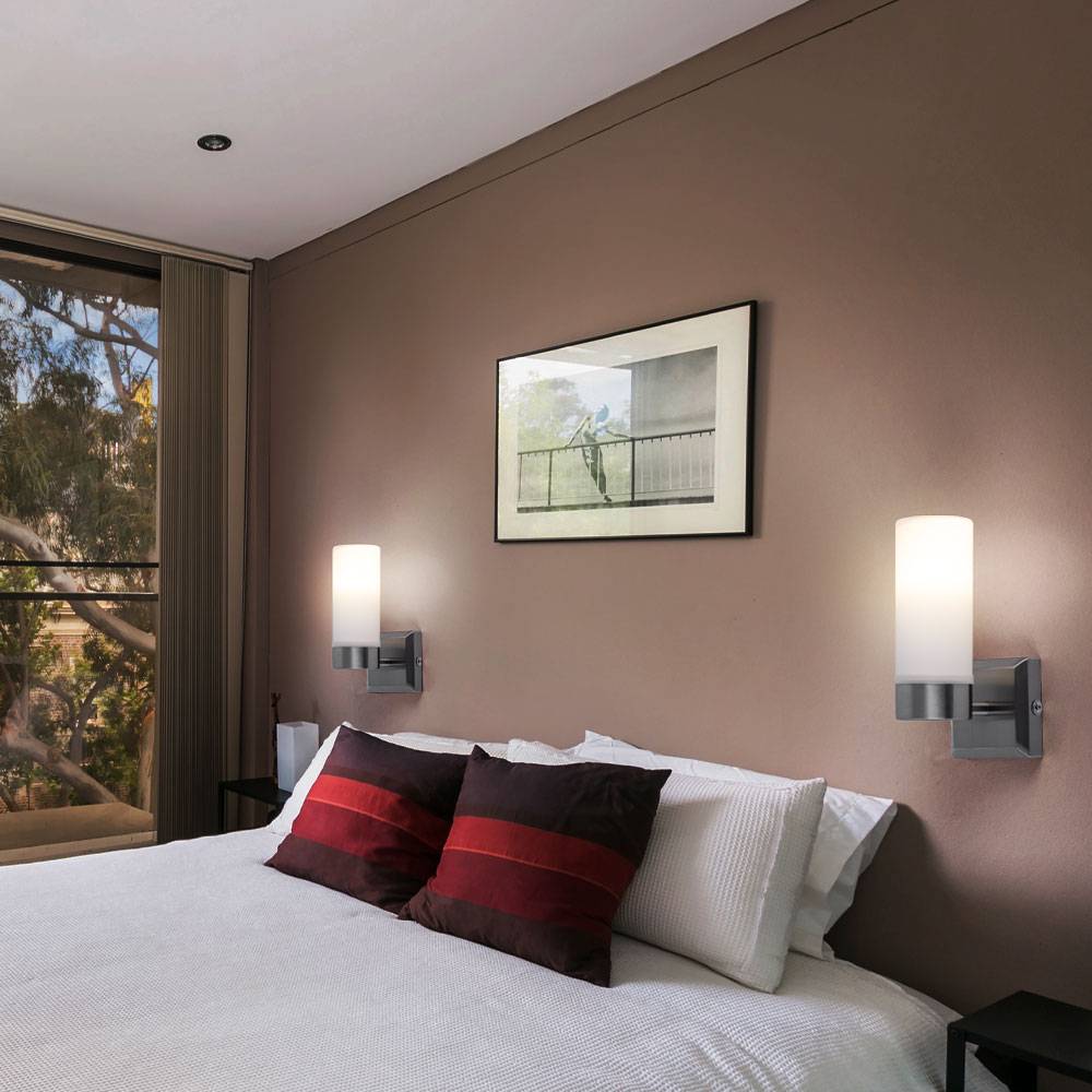 Wandleuchte Glas IP44 Badezimmerleuchte Opalglas Wandlampe Badezimmer, Metall nickel-matt, 1x E14 Fassung, HxT 18,5x11,5, 2er Set