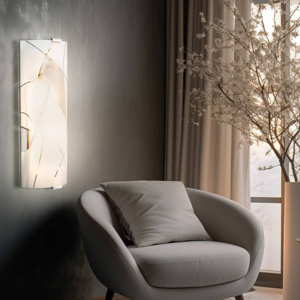 Wandleuchte Wandlampe Flurleuchte Wohnzimmerleuchte Glas satiniert chrom, Dekorlinien, 2x E27 Fassungen, BxHxT 36x15x6 cm