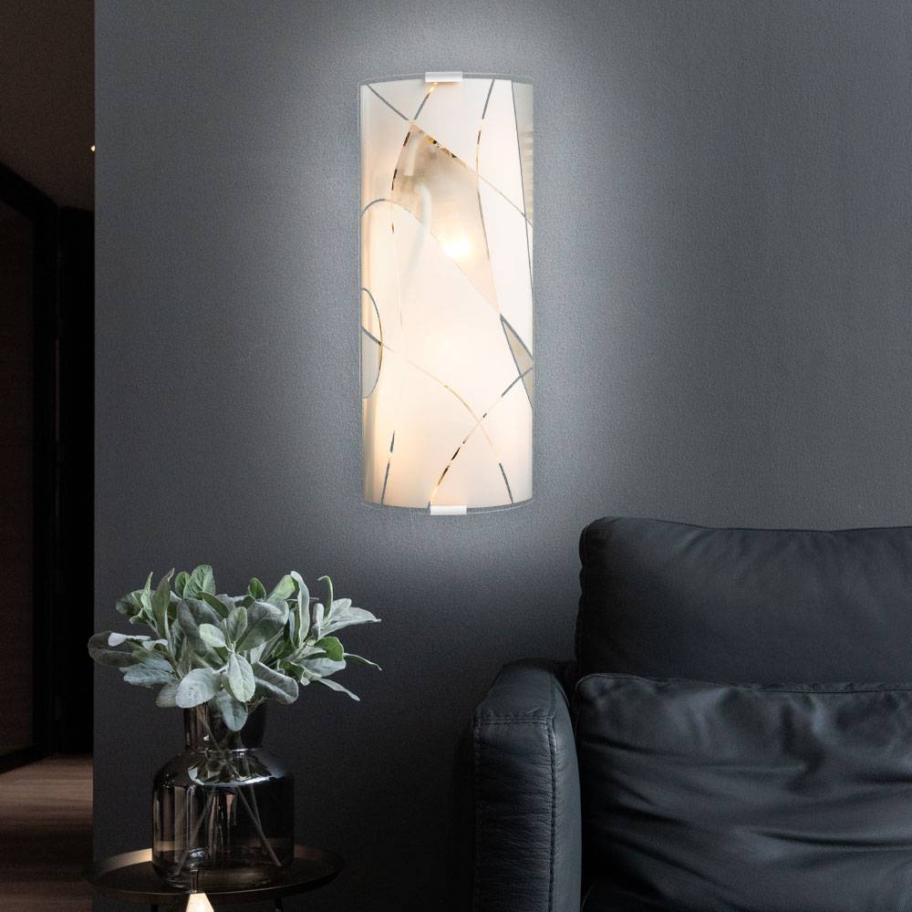 Wandleuchte Wandlampe Flurleuchte Wohnzimmerleuchte Glas satiniert chrom, Dekorlinien, 2x E27 Fassungen, BxHxT 36x15x6 cm