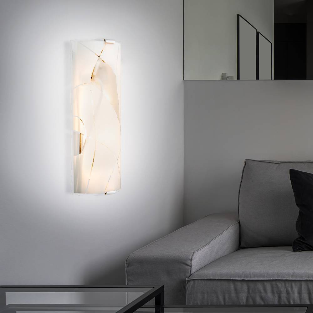 Wandleuchte Wandlampe Flurleuchte Wohnzimmerleuchte Glas satiniert chrom, Dekorlinien, 2x E27 Fassungen, BxHxT 36x15x6 cm