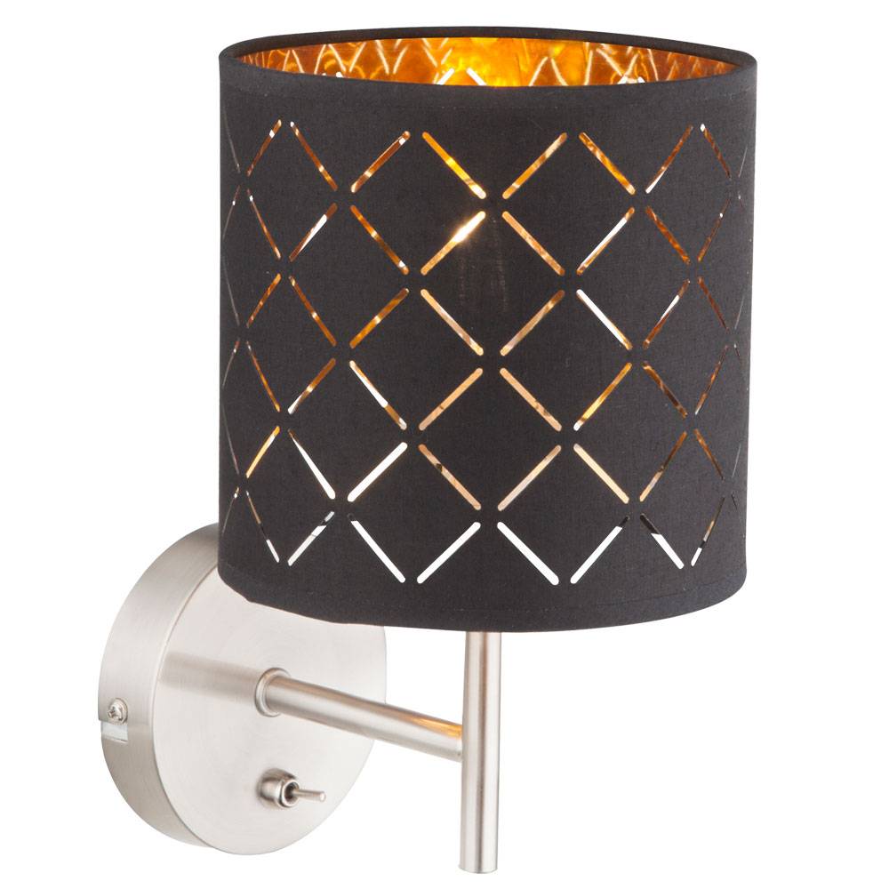Wandlampe Wandleuchte Schirmleuchte Nachtlicht Schlafzimmerlampe Wohnzimmerlampe Flurlampe, Textilschirm schwarz gold, 1x E14 Fassung, HxB 26x19cm