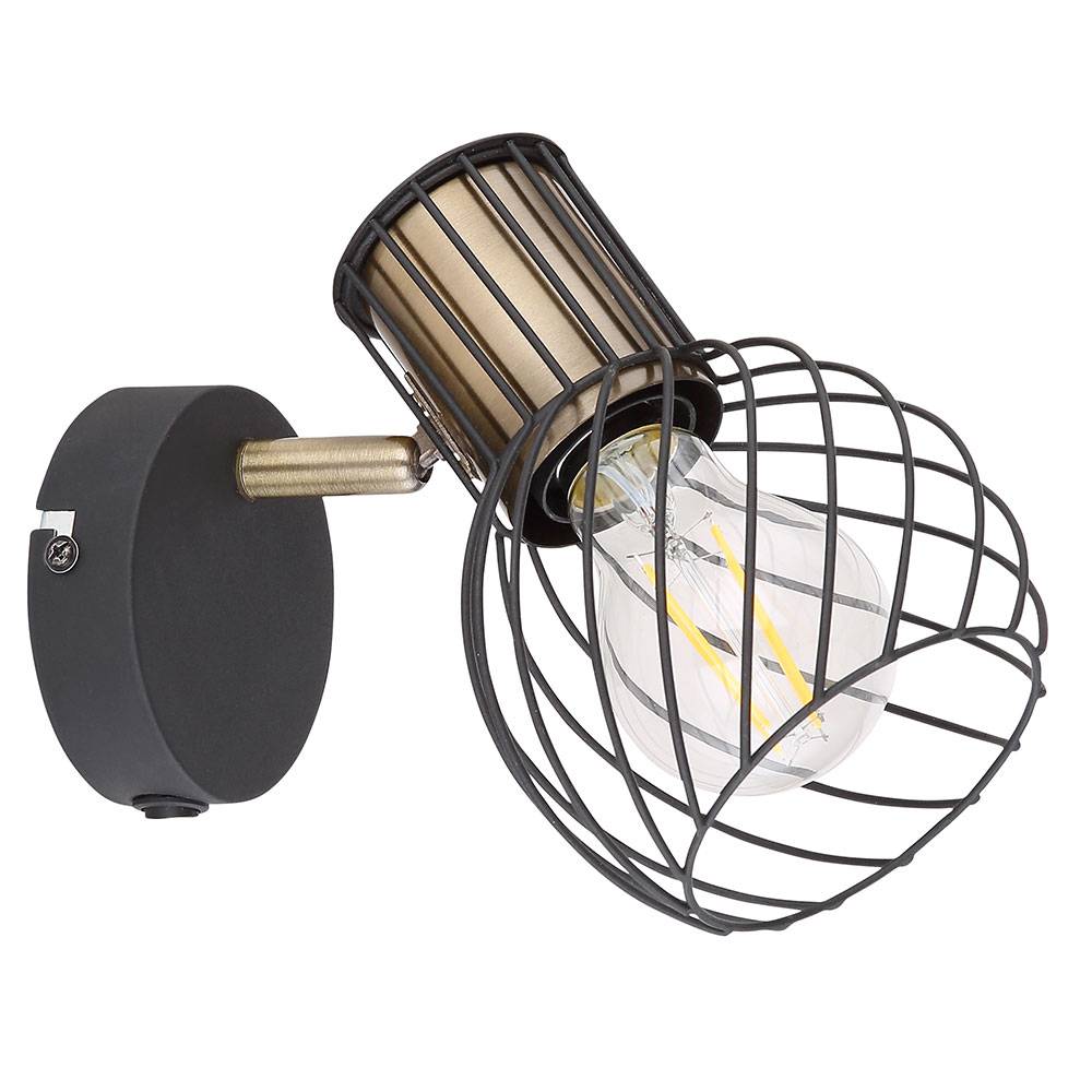 Wandlampe Wandleuchte goldfarben Käfig Wohnzimmerleuchte mit beweglichem Spot, Metall schwarz, 1x E27, BxH 12x16,5 cm