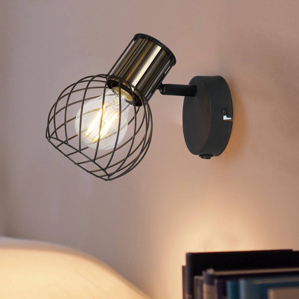 Wandlampe Wandleuchte goldfarben Käfig Wohnzimmerleuchte mit beweglichem Spot, Metall schwarz, 1x E27, BxH 12x16,5 cm