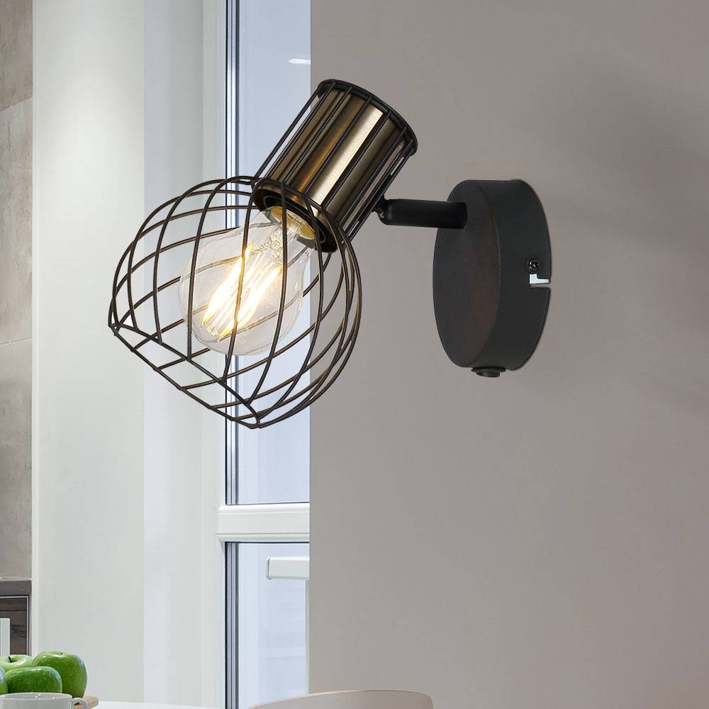 Wandlampe Wandleuchte goldfarben Käfig Wohnzimmerleuchte mit beweglichem Spot, Metall schwarz, 1x E27, BxH 12x16,5 cm