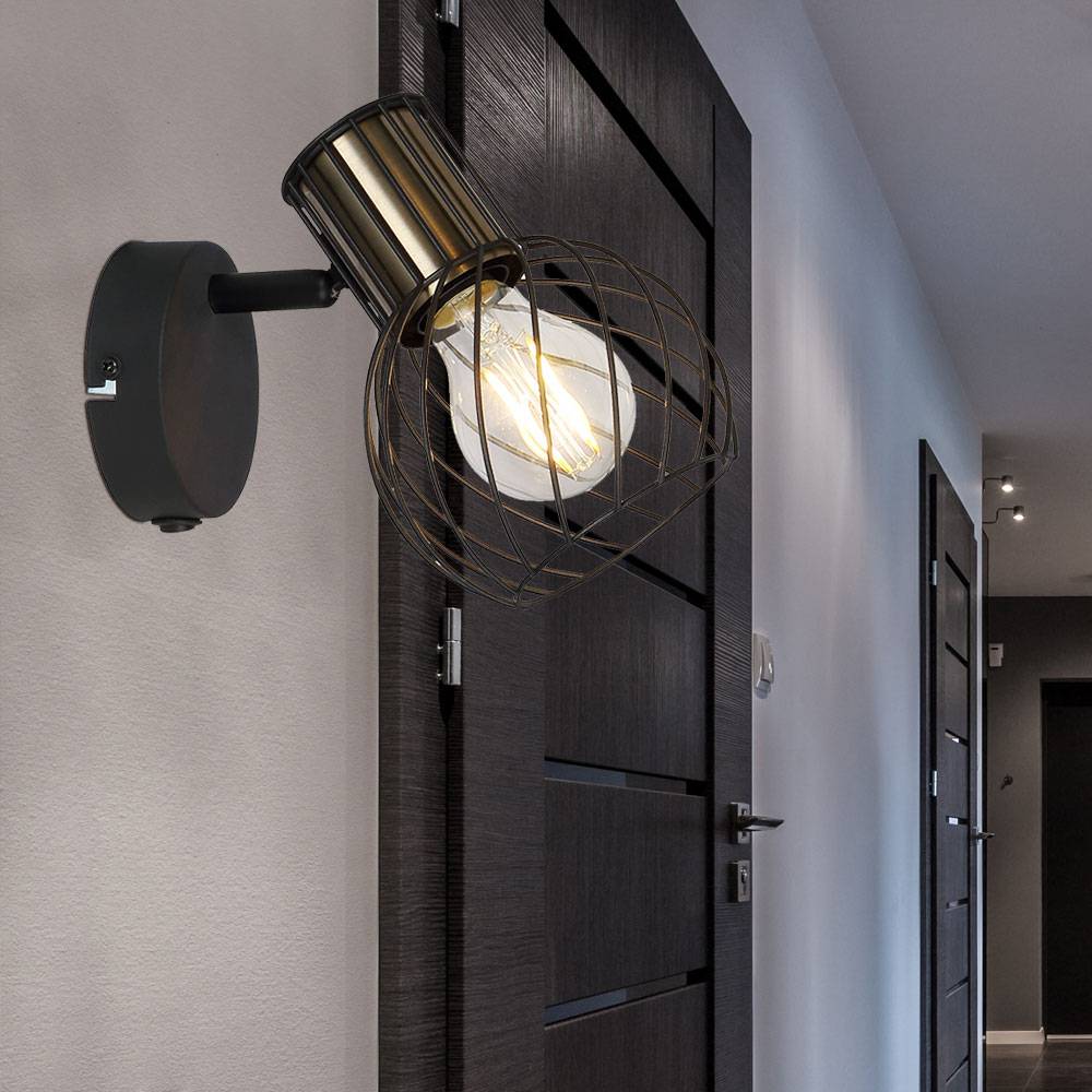 Wandlampe Wandleuchte goldfarben Käfig Wohnzimmerleuchte mit beweglichem Spot, Metall schwarz, 1x E27, BxH 12x16,5 cm