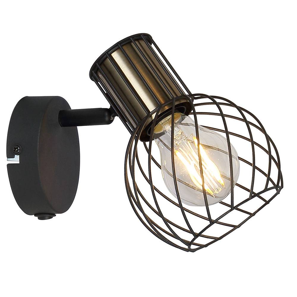 Wandlampe Wandleuchte goldfarben Käfig Wohnzimmerleuchte mit beweglichem Spot, Metall schwarz, 1x E27, BxH 12x16,5 cm