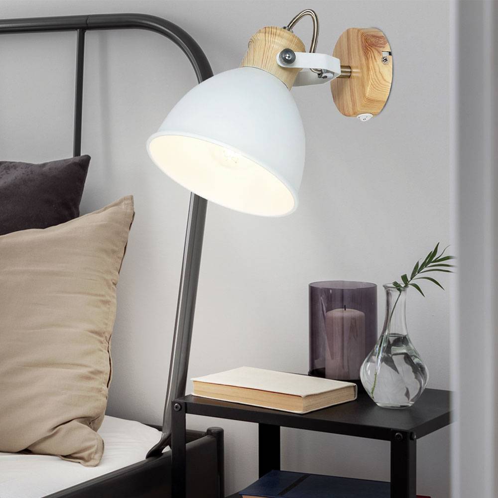 Wandlampe Leseleuchte Wohnzimmerlampe Wandleuchte Schlafzimmerlampe schwenkbar, Metall Holzoptik weiß, 1x E27, BxH 15 x 18,5 cm