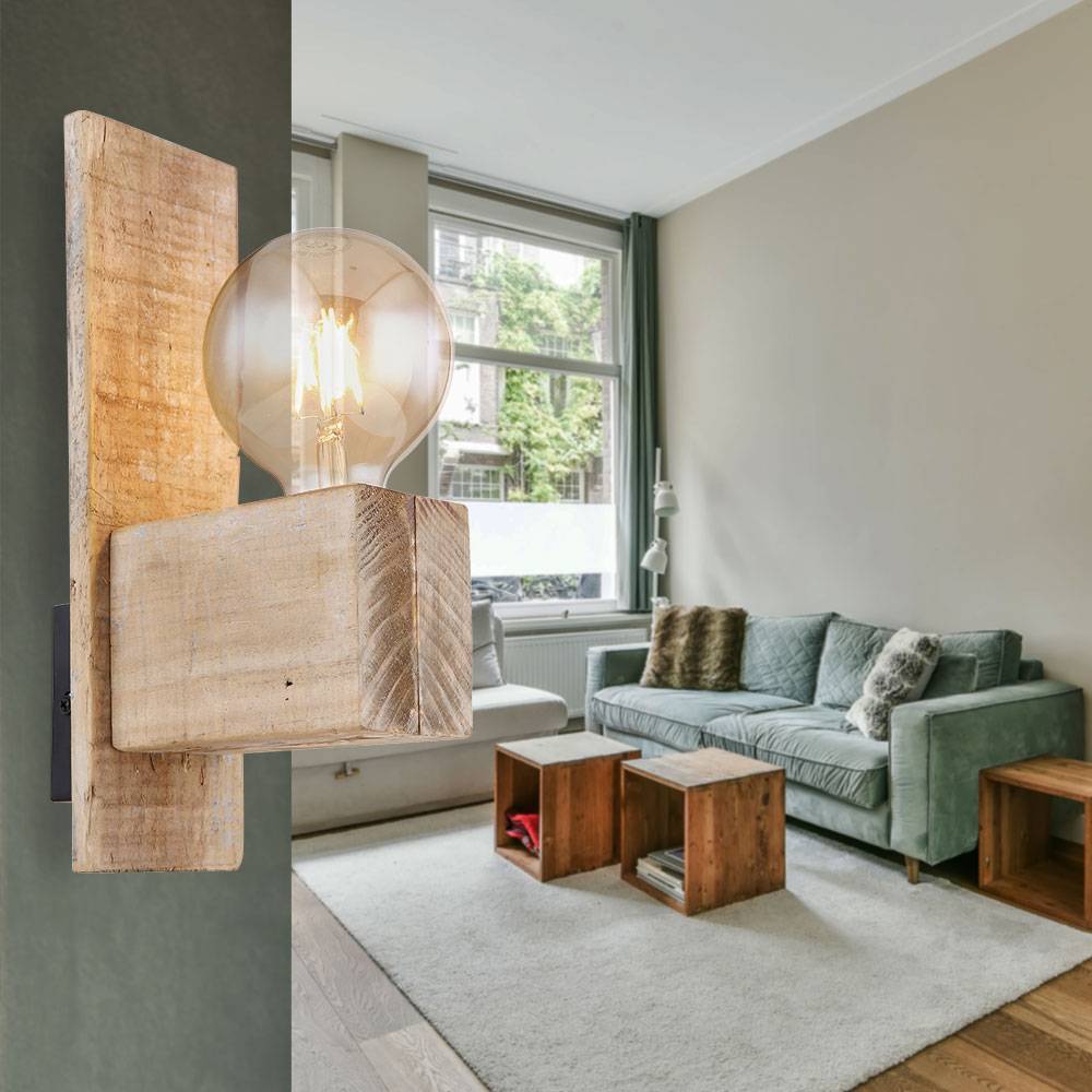 Wandleuchte Landhausstil Wandlampe Holzlampe Flurleuchte, Metall schwarz naturfarben, 1x E27, LxBxH 16,5x9x30 cm