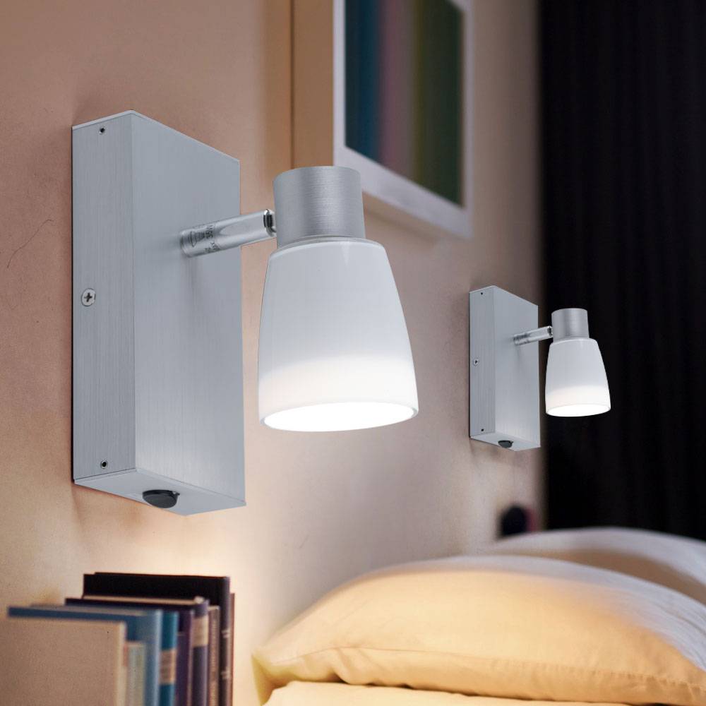 Wandleuchte silber Schlafzimmerleuchte Wandstrahler Glas Spotlampe verstellbar, aluminiumfarben opal glänzend, 1x GU10, LxBxT 16x7x11 cm, 2er Set