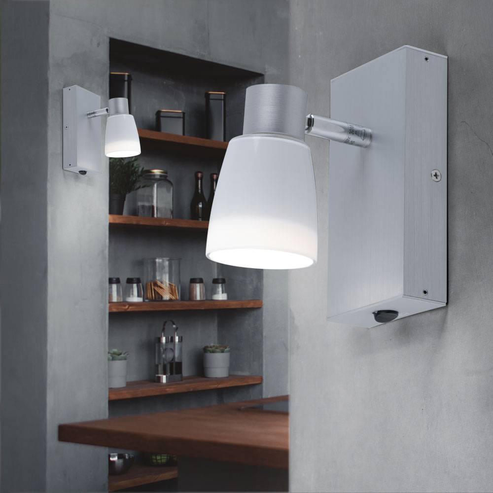 Wandleuchte silber Schlafzimmerleuchte Wandstrahler Glas Spotlampe verstellbar, aluminiumfarben opal glänzend, 1x GU10, LxBxT 16x7x11 cm, 2er Set