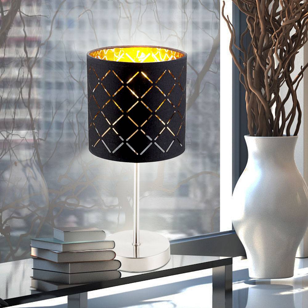 Design Tisch Lampe Schlaf Zimmer Strahler Schalter Textil Muster Beistell Leuchte Gold